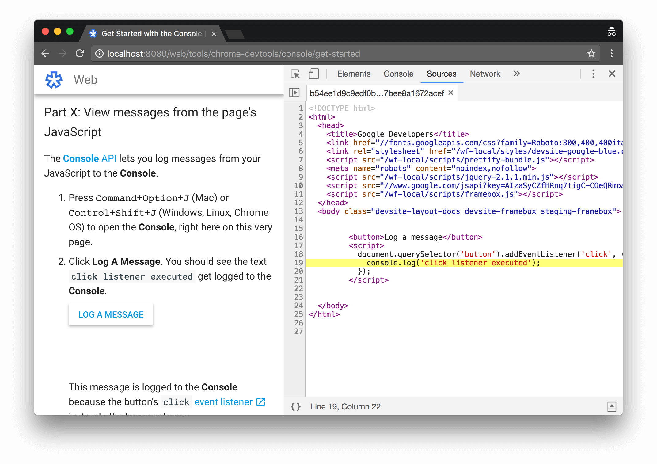 Highlighted in yellow is the line of code that caused the message to get logged.