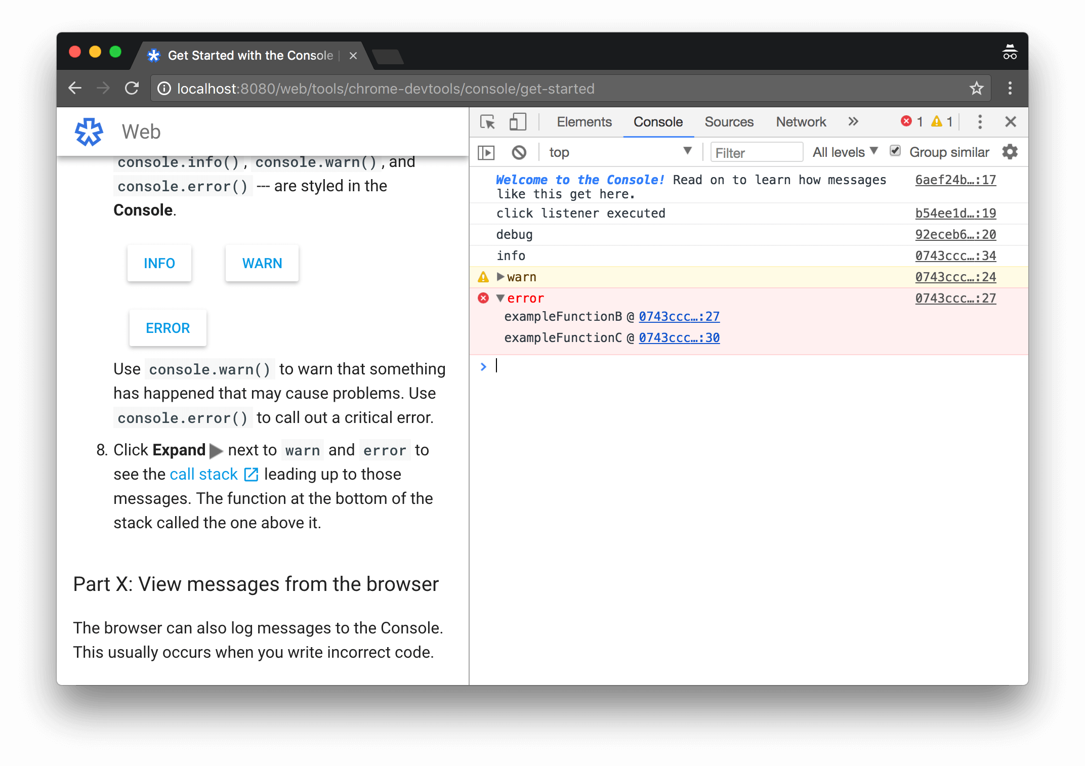 The call stack leading up to console.error().