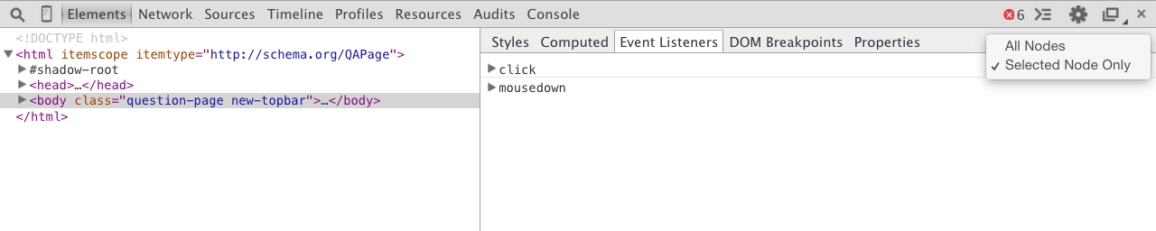 선택된 노드로만 필터링된 Event Listeners 패널