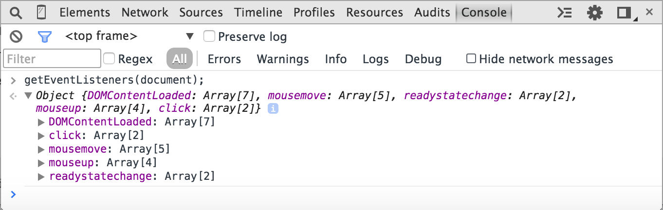 使用 getEventListeners() 時的輸出