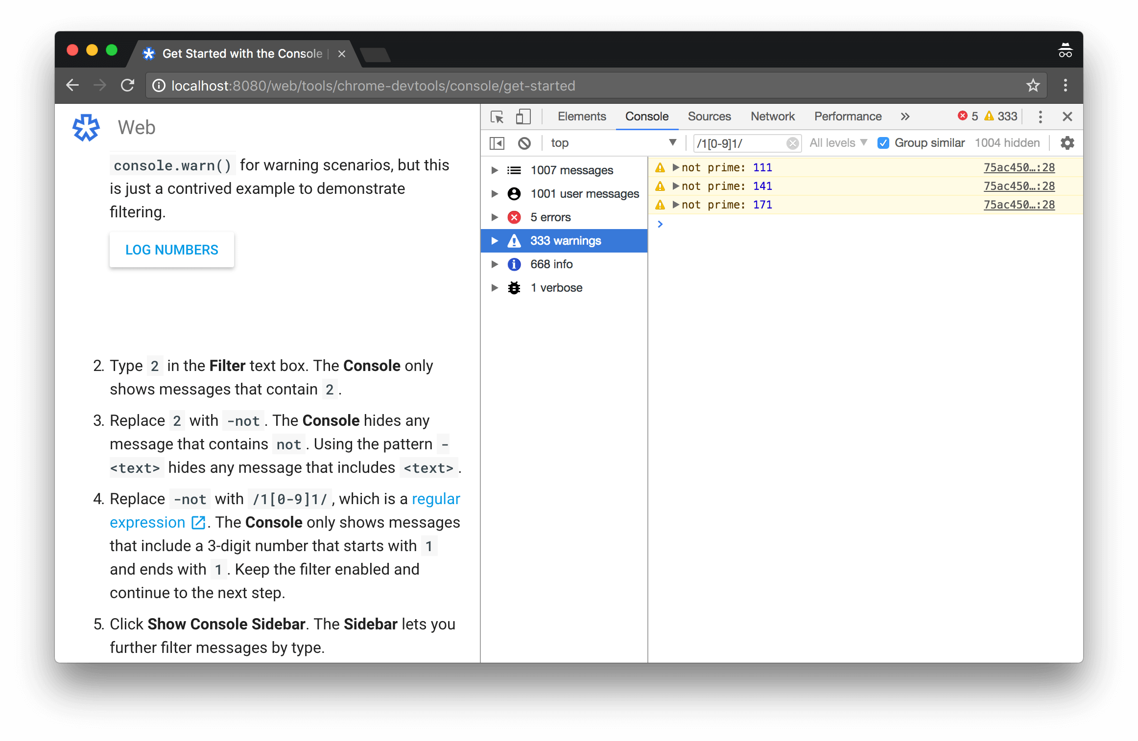 Filtering with the Sidebar and a regular expression, simultaneously.