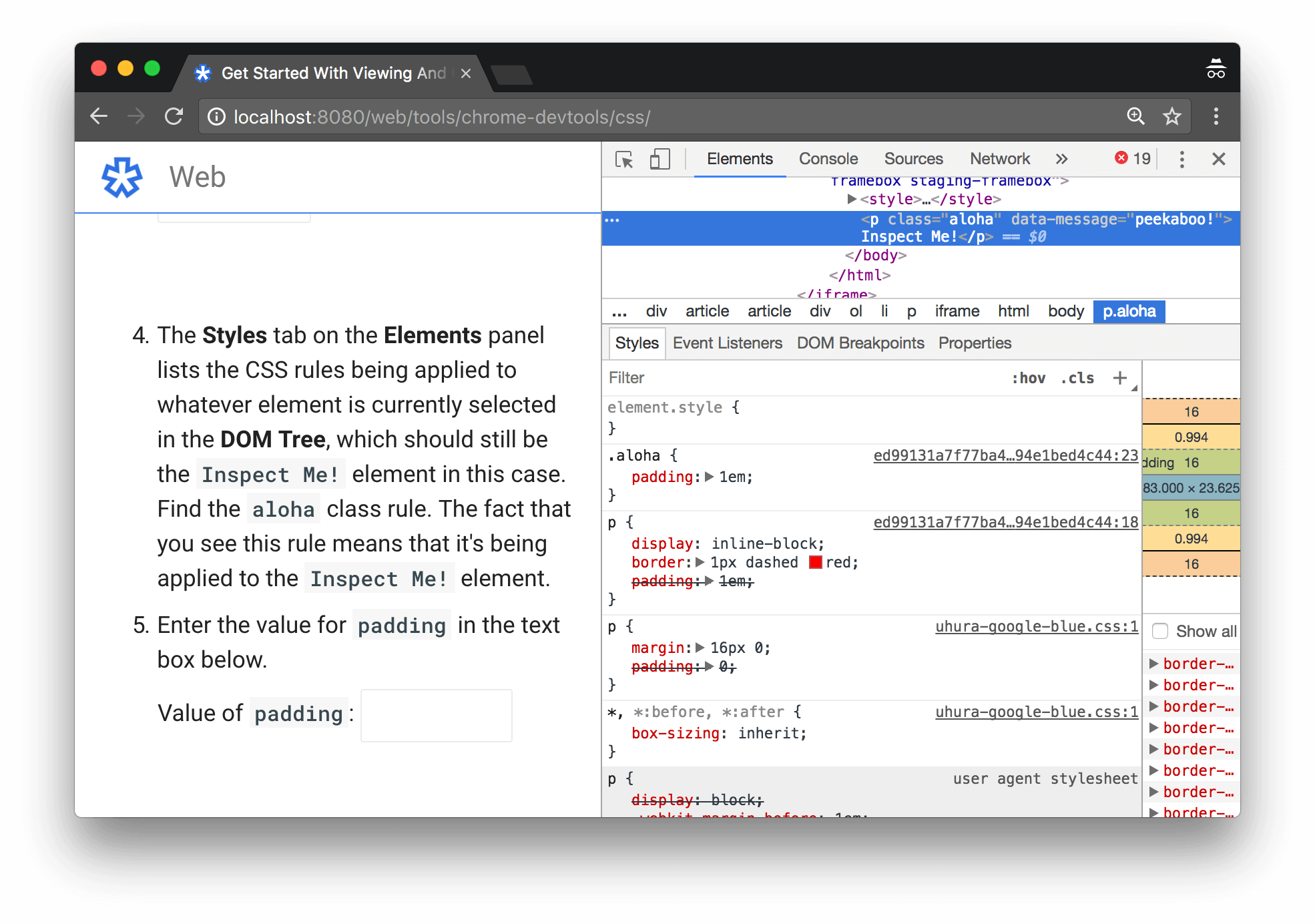 CSS classes being applied to the inspected element are highlighted
            in the Styles tab