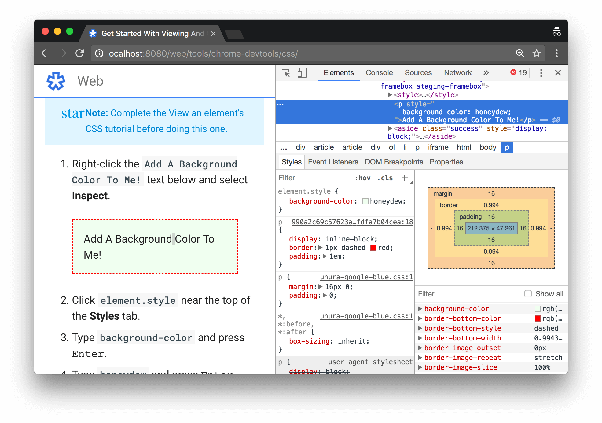 Adding a CSS declaration to the element via the Styles tab