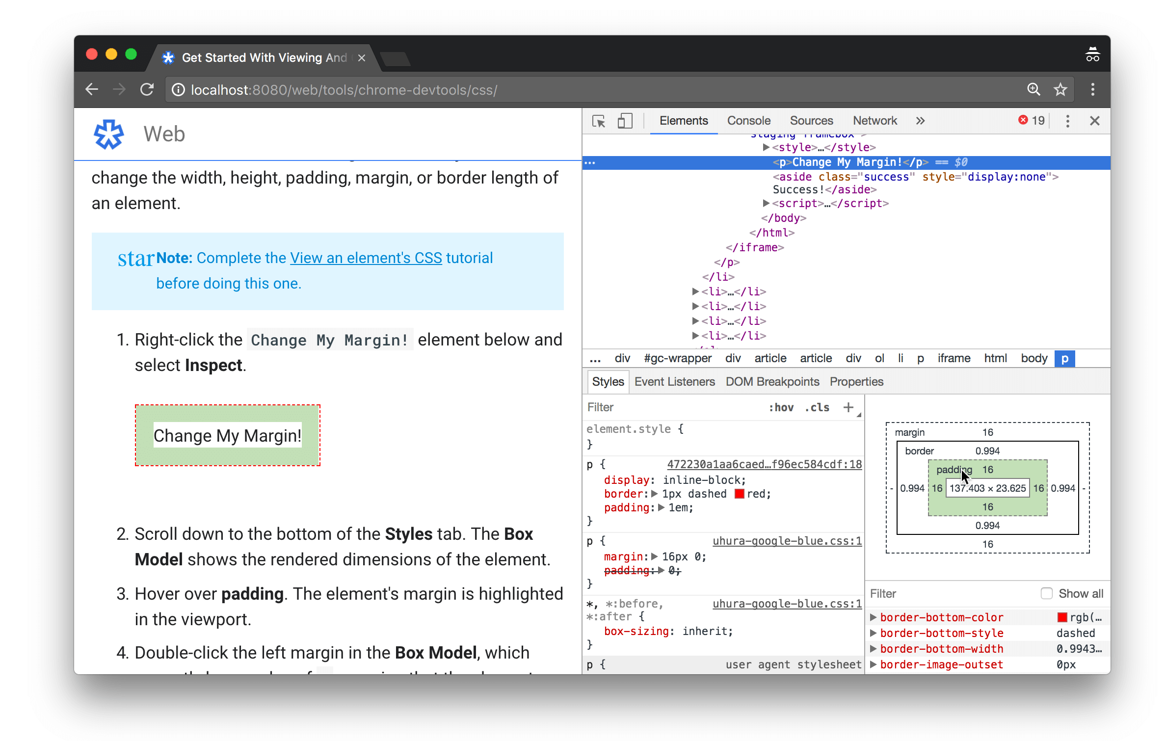 Hovering over the element's padding