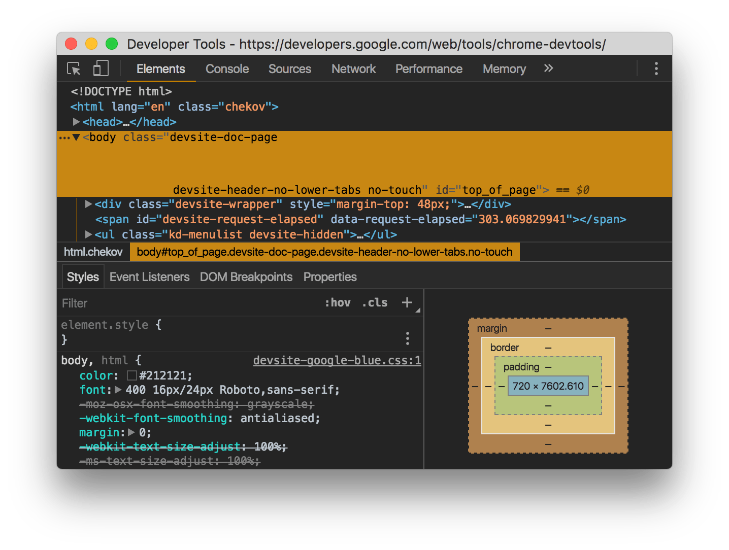 The dark theme of DevTools.