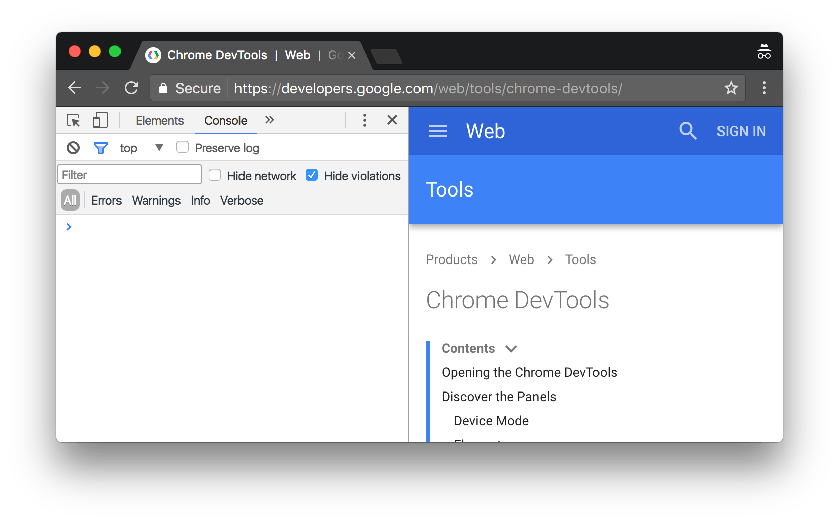 The DevTools window,
      docked to the left.