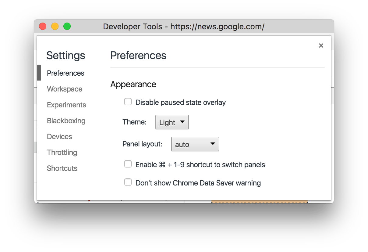 DevTools settings.