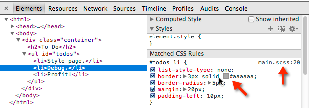 Panel Elements menampilkan .scss stylesheet