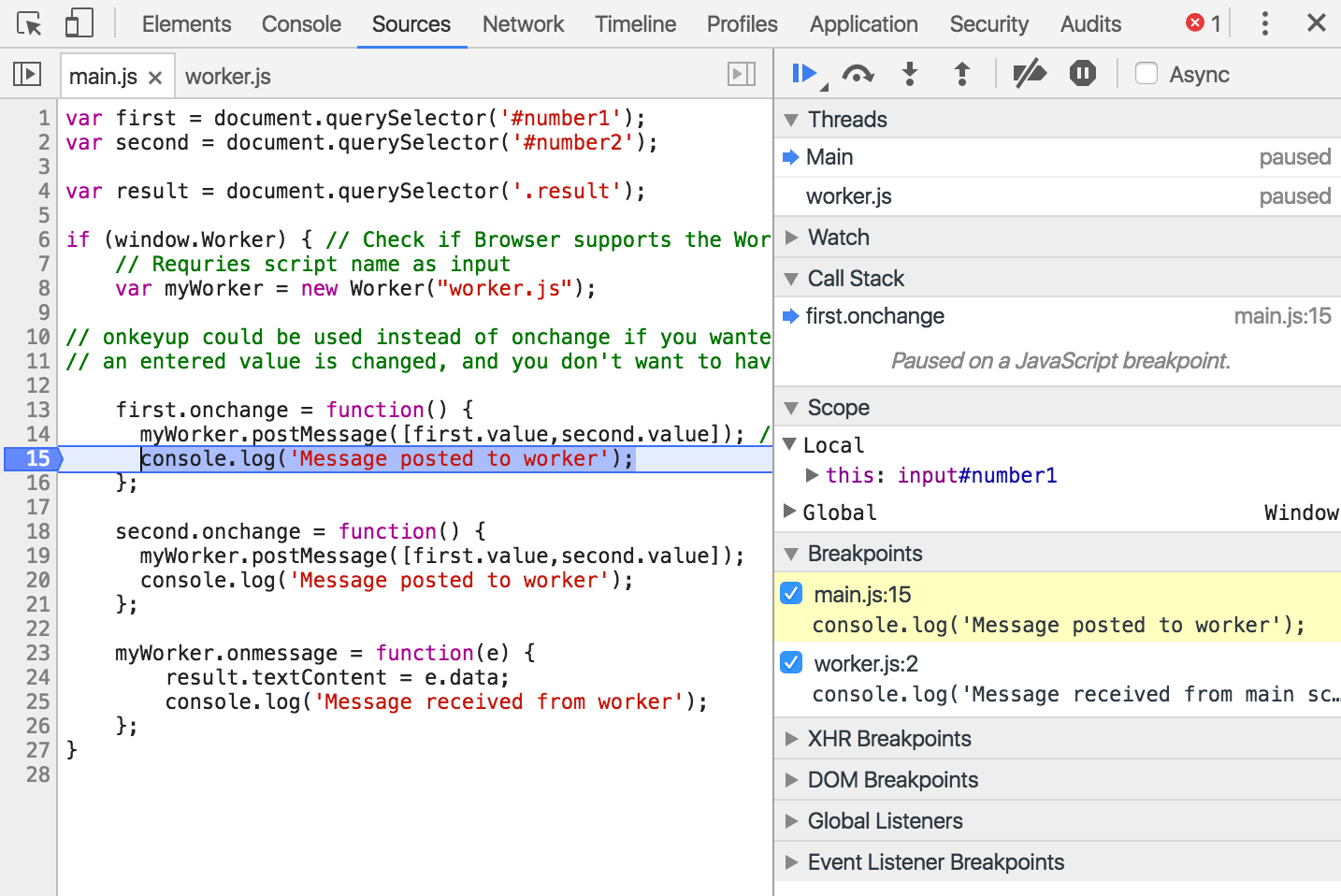 Breakpoint skrip utama dan worker dipicu