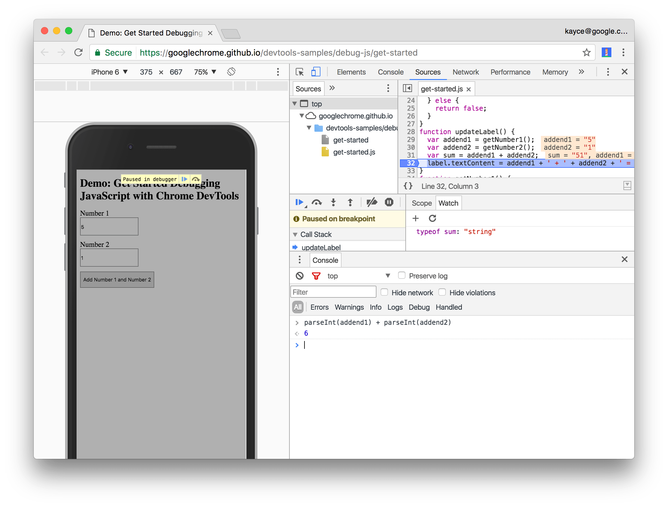 The Console drawer, after evaluating parseInt(addend1) + parseInt(addend2).