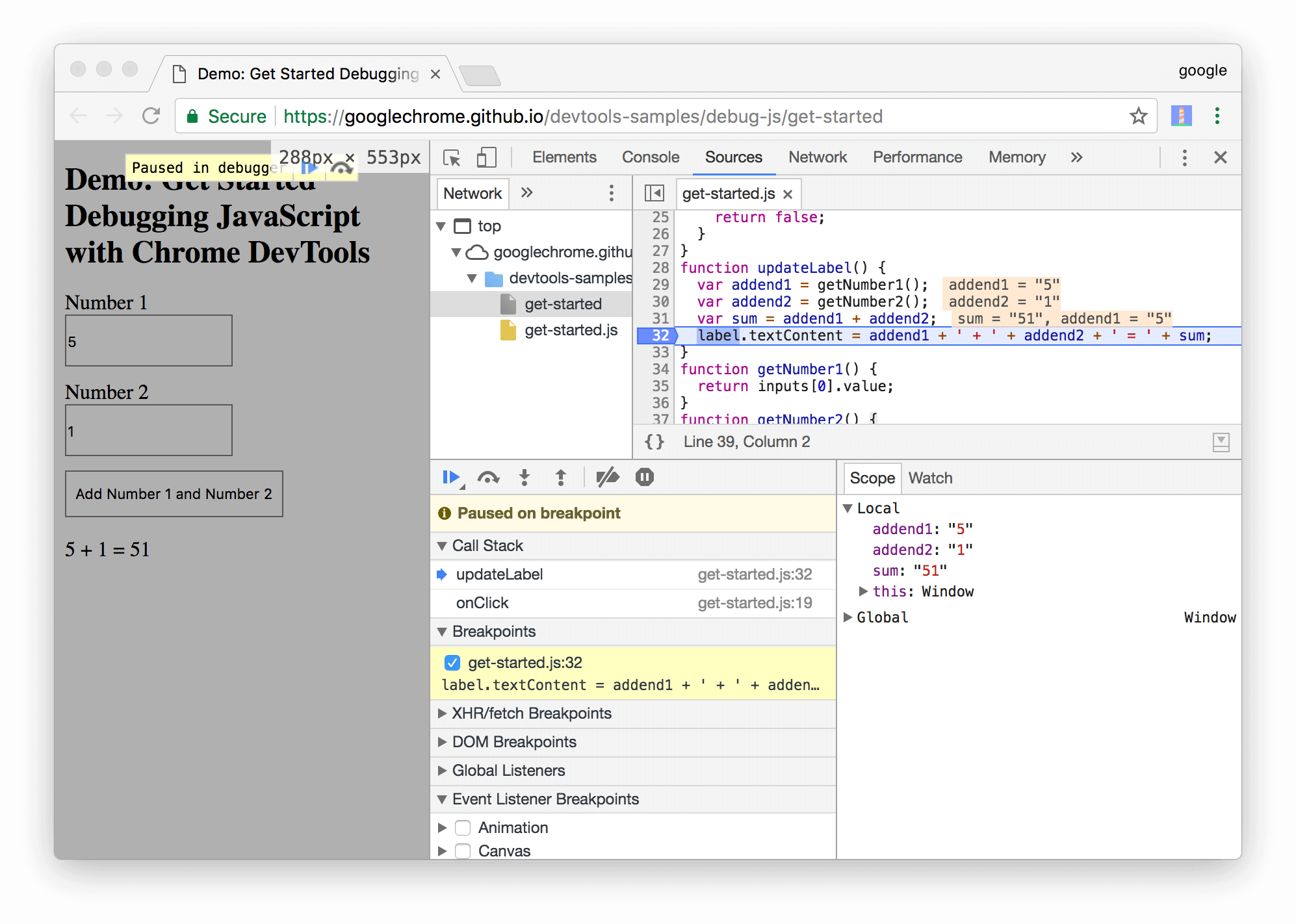 DevTools pauses on the line-of-code breakpoint on line 32.