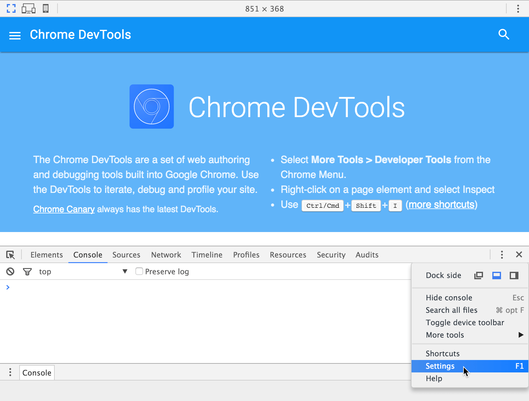 Membuka DevTools Settings