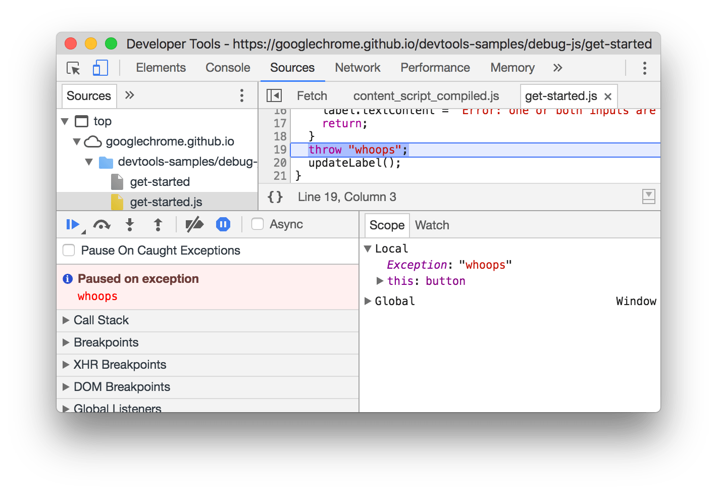 Paused on an uncaught exception.