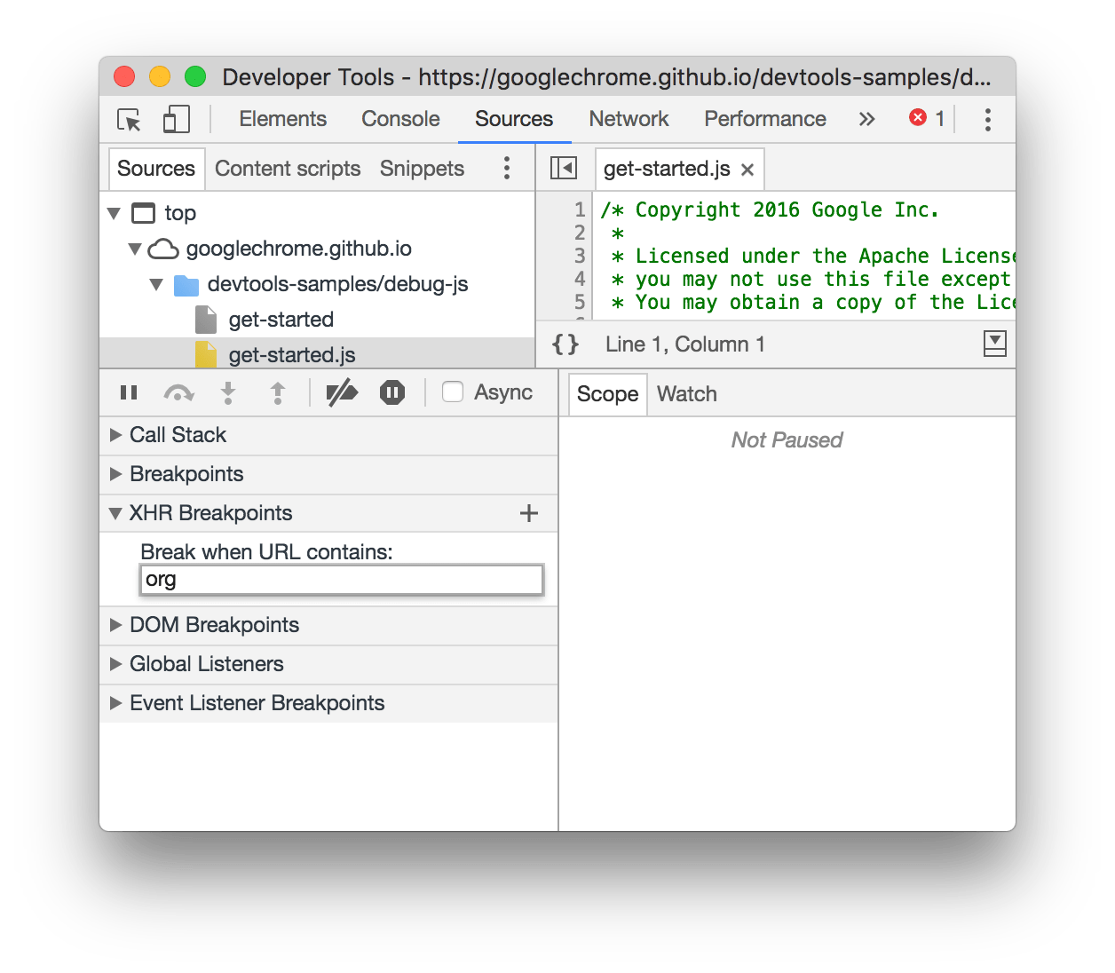 Creating an XHR breakpoint.
