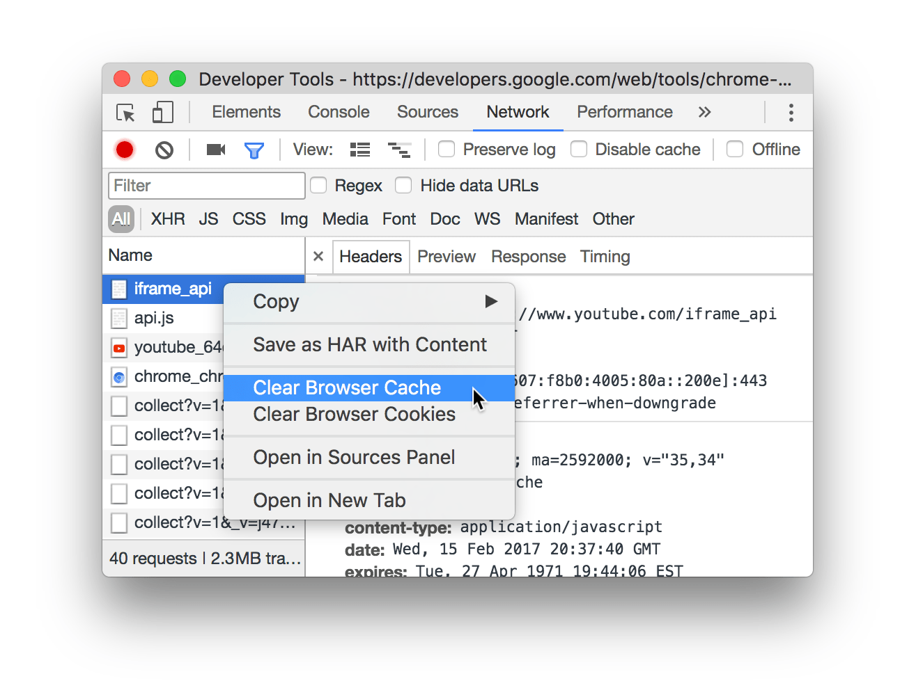 Selecting Clear Browser Cache.
