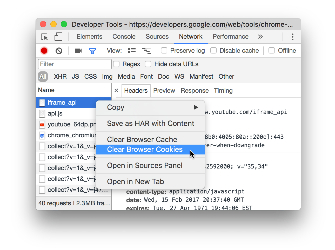 Selecting Clear Browser Cookies.