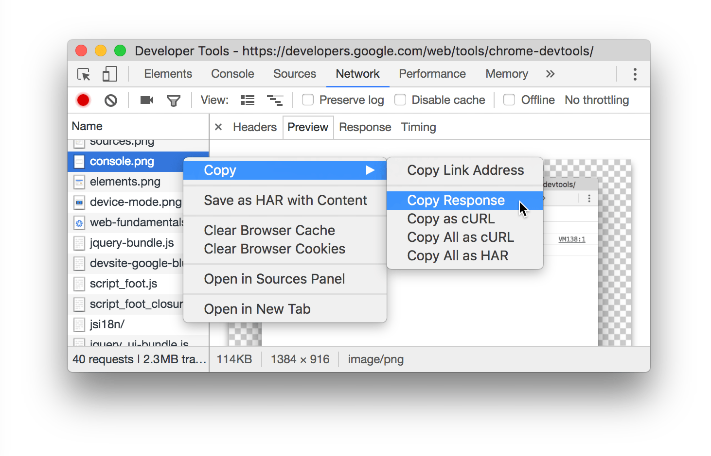 Selecting Copy Response.