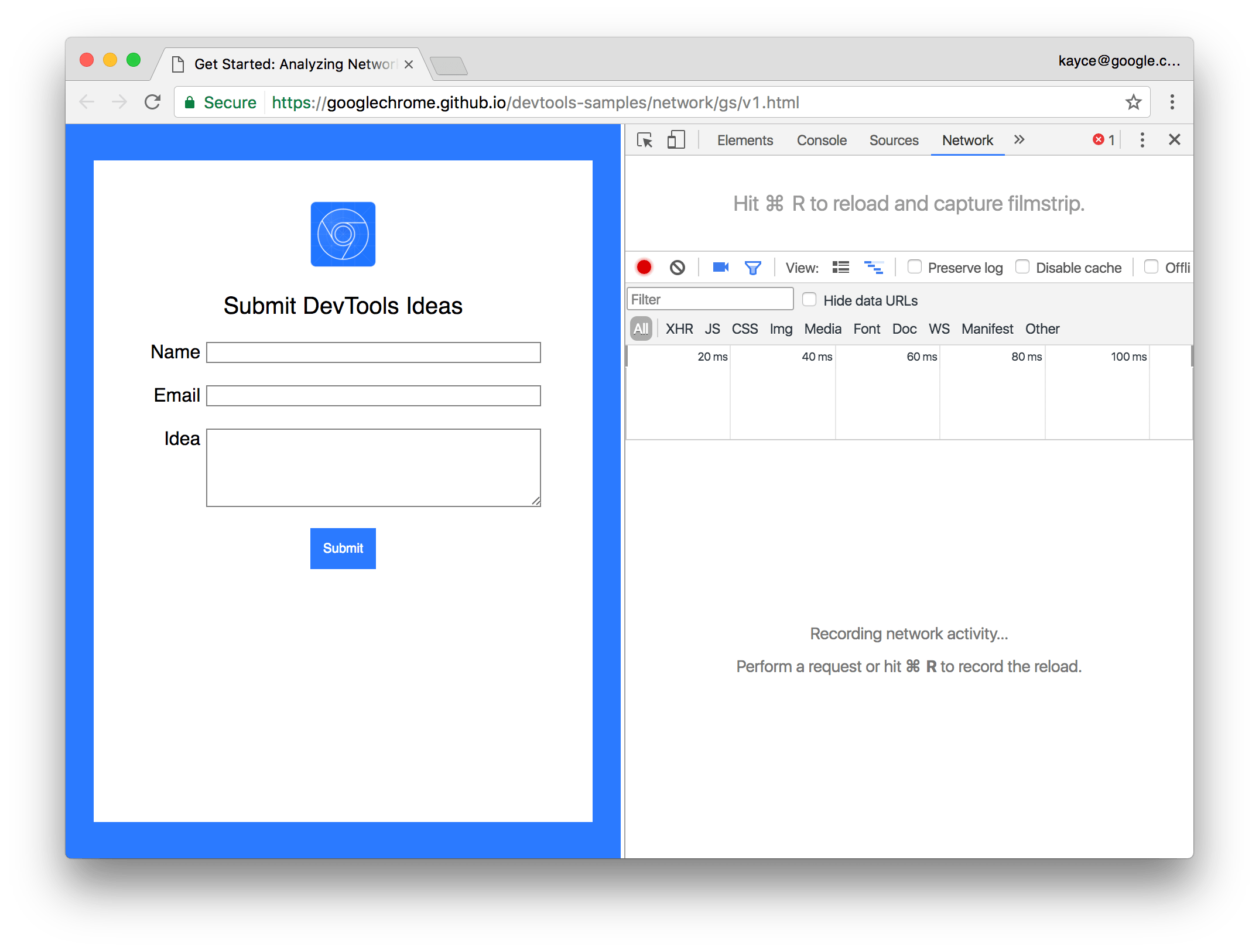 The Chrome DevTools Network panel, opened on the slow
          page that you're going to diagnose.