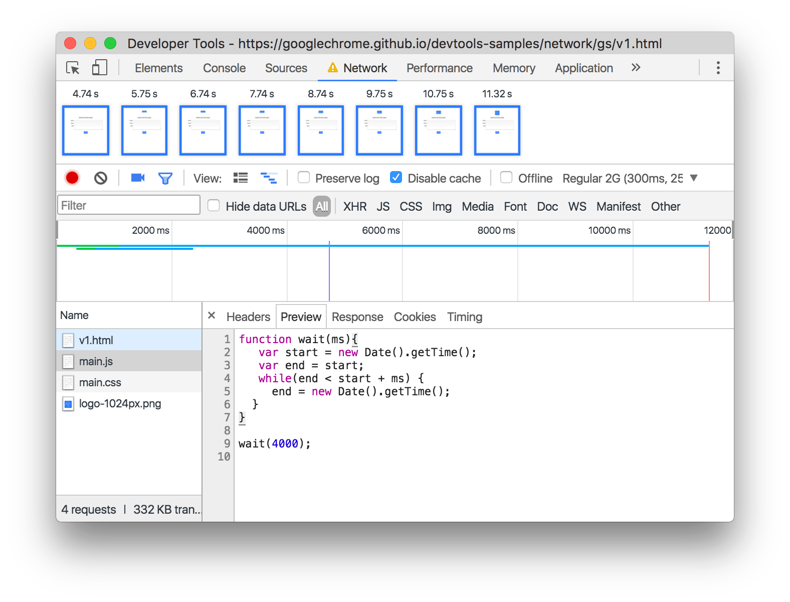 Viewing the source code for main.js in the Preview pane.