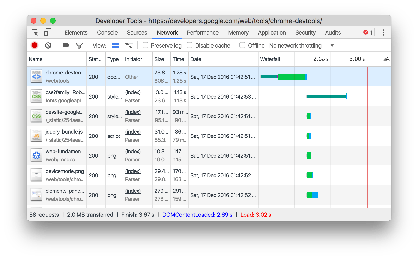 An example of large request rows in the Requests pane.