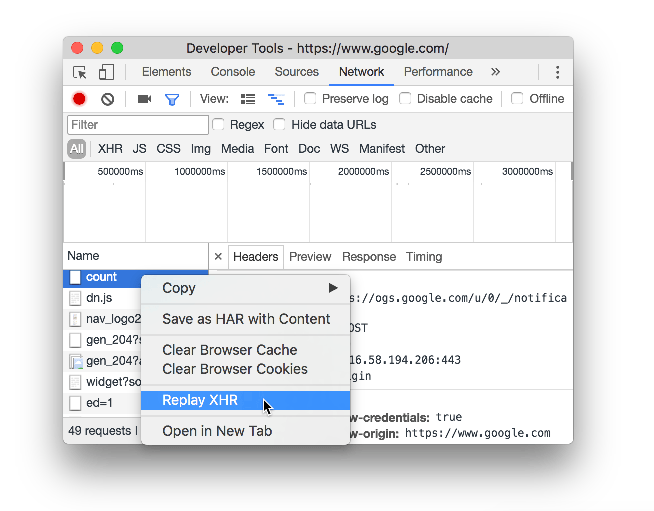 Selecting Replay XHR.