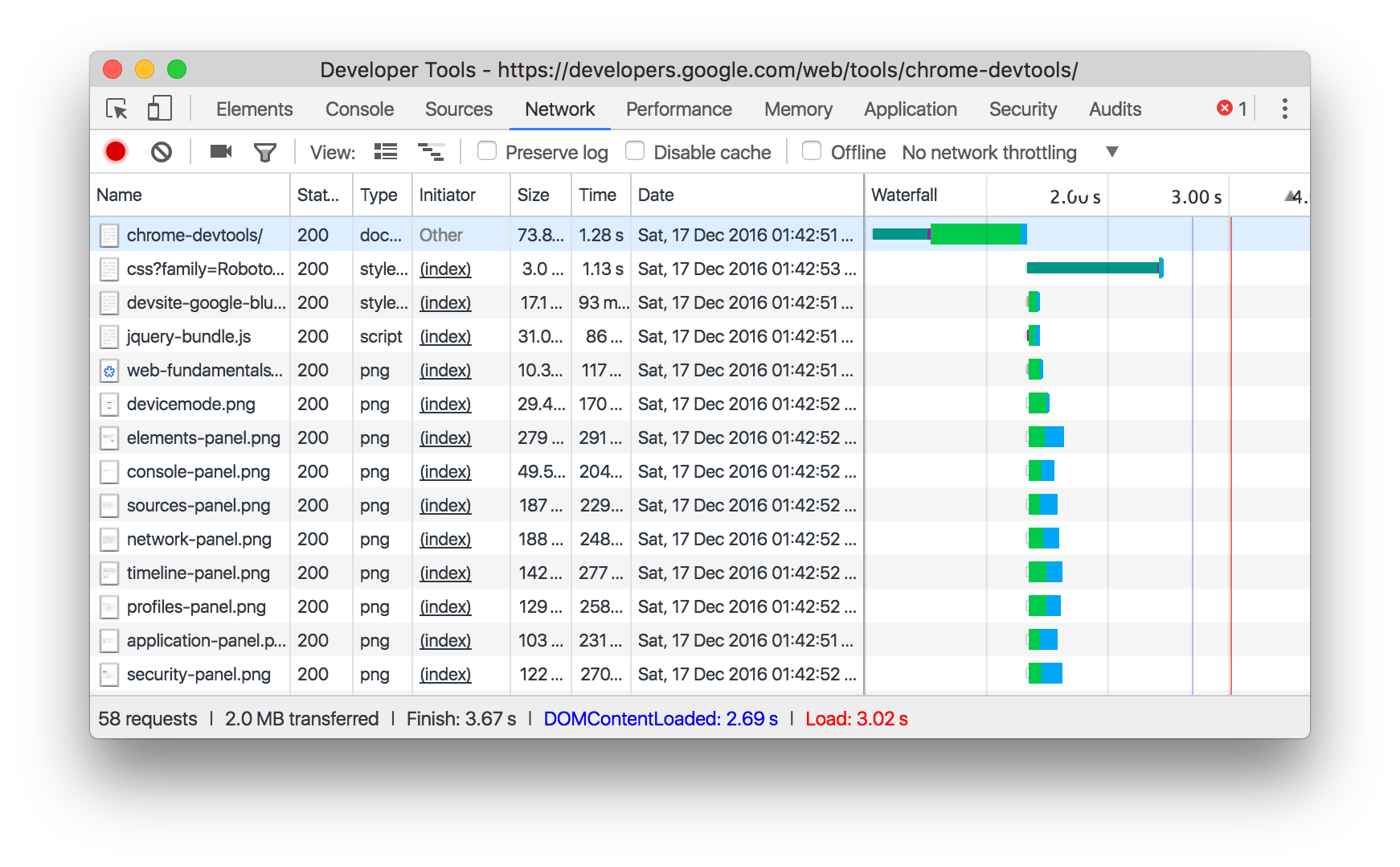 An example of small request rows in the Requests pane.