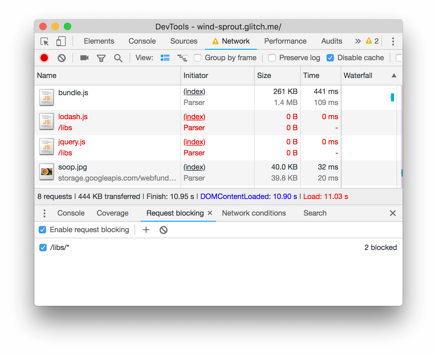 The Network panel shows that the requests have been blocked.