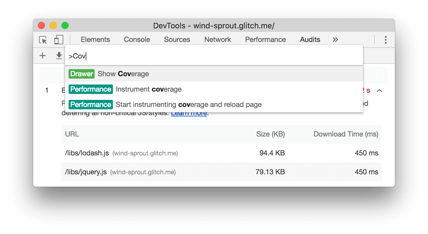 Opening the Command Menu from the Coverage tab.