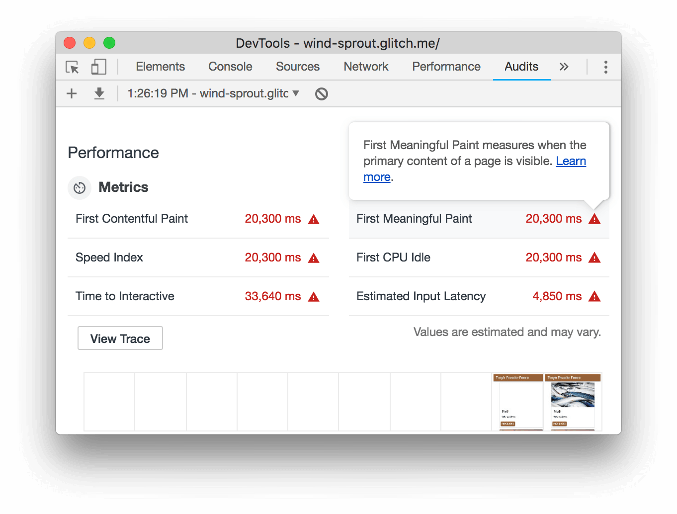 Hovering over the First Meaningful Paint metric.