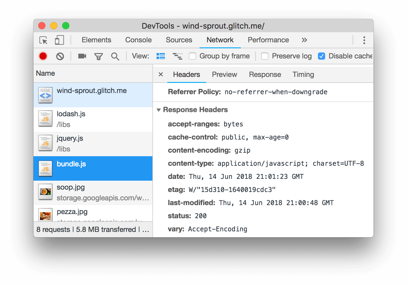 The Response Headers section now contains a content-encoding header.