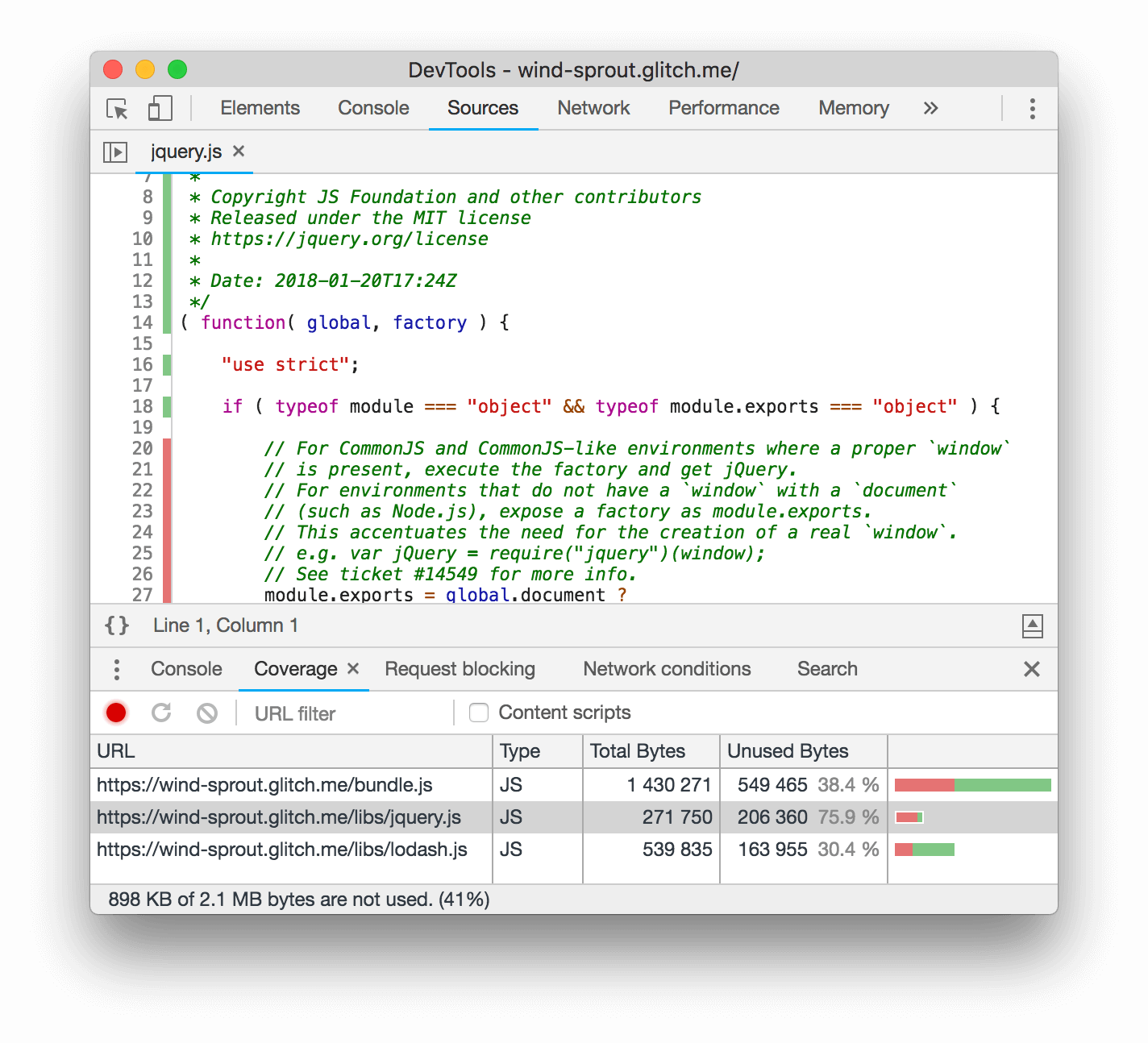 Viewing the jQuery file in the Sources panel.