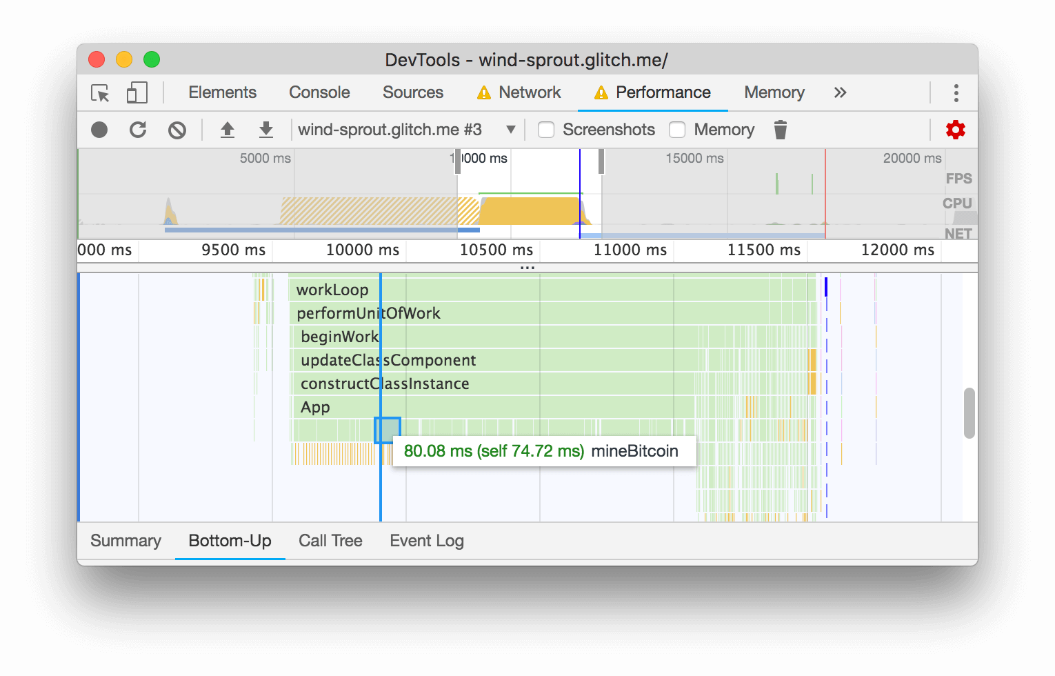 Hovering over the mineBitcoin activity.