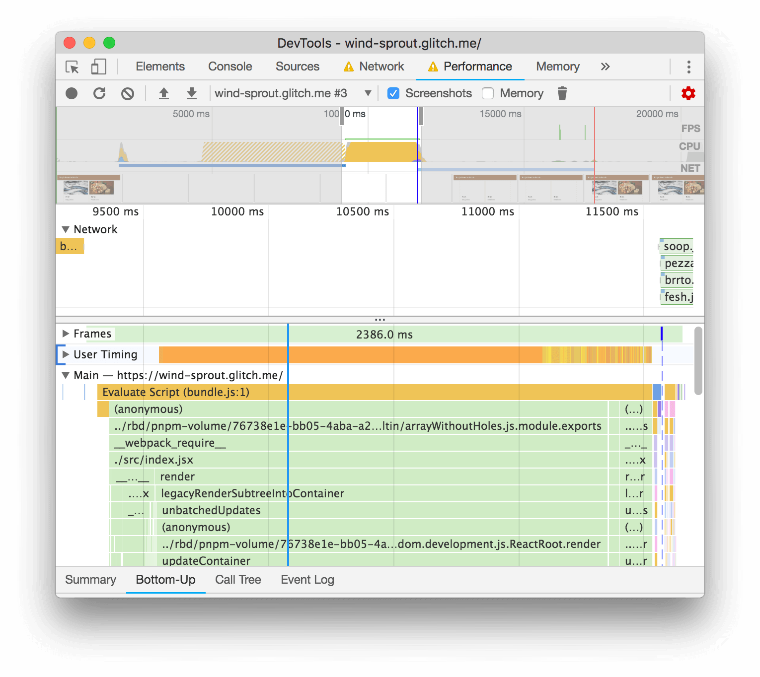The Performance panel's trace of the page load.