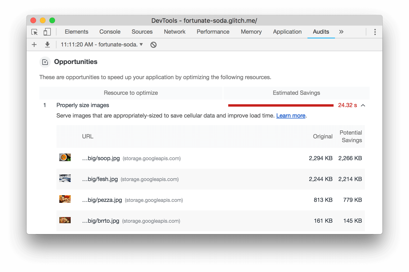 Details about the 'properly size images' opportunity.